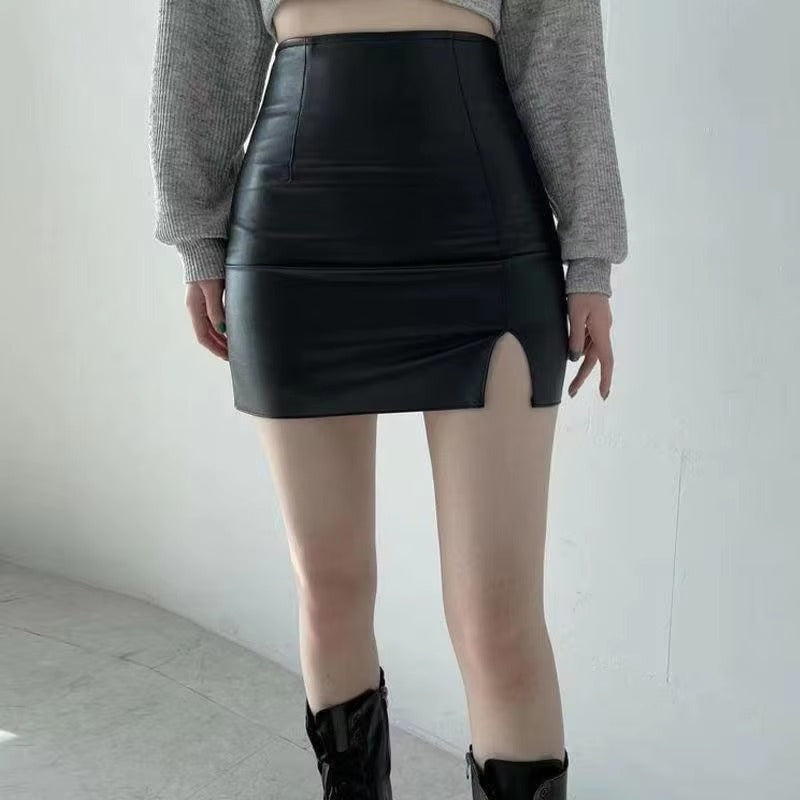 Casual PU Leather Skinny High Waist Side Split Hip Mini Skirt Mssza