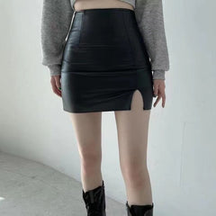 Casual PU Leather Skinny High Waist Side Split Hip Mini Skirt Mssza