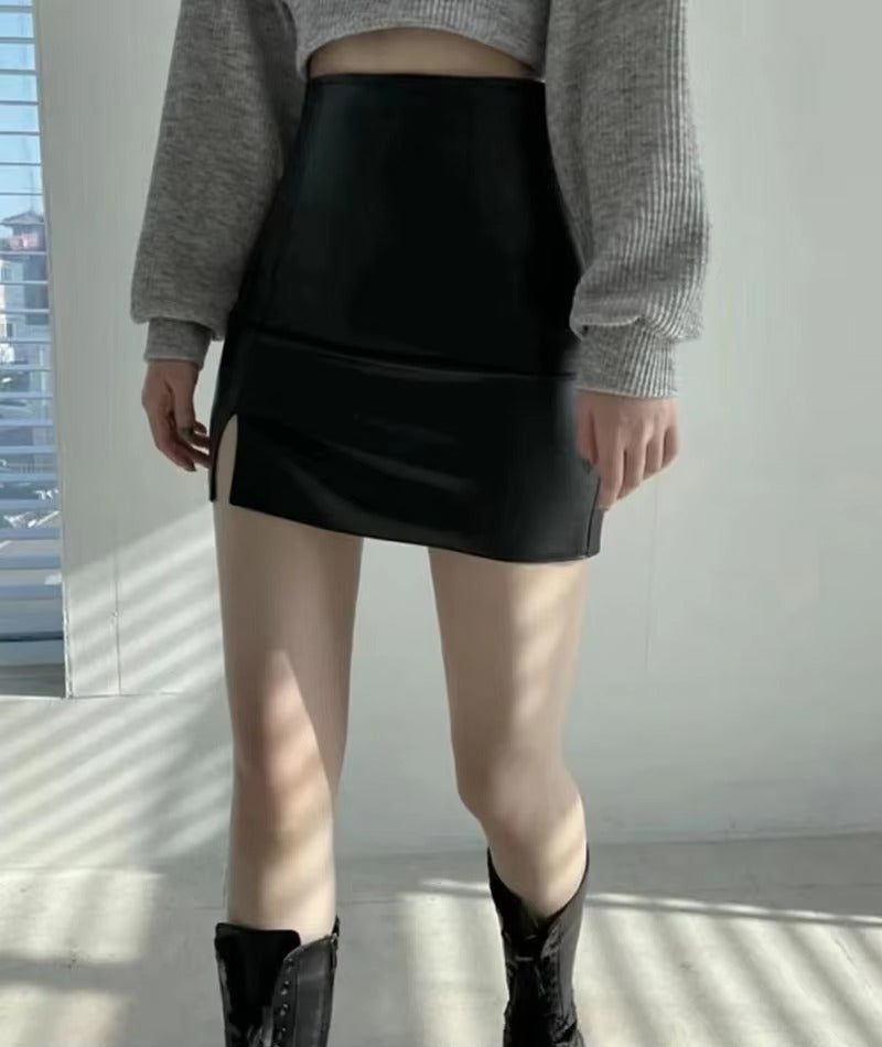 Casual PU Leather Skinny High Waist Side Split Hip Mini Skirt Mssza