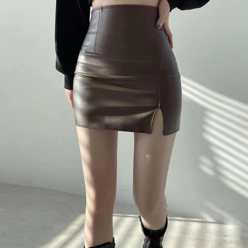 Casual PU Leather Skinny High Waist Side Split Hip Mini Skirt Mssza
