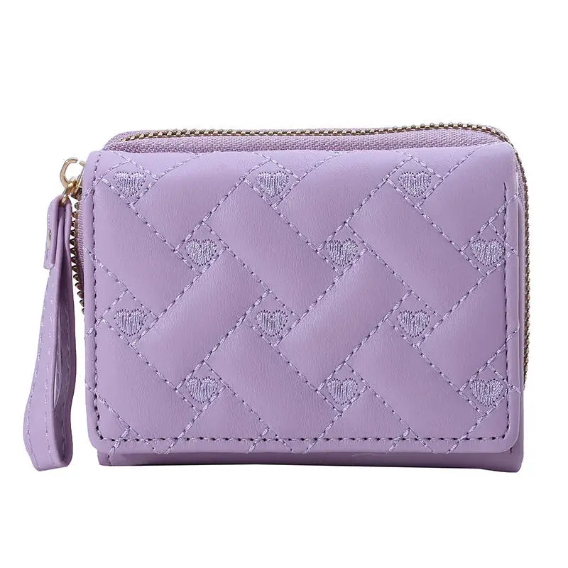 Casual PU Multi Objects Pocket Short Embroidered Love Pattern Wallet Tri Fold Card Bag Mssza