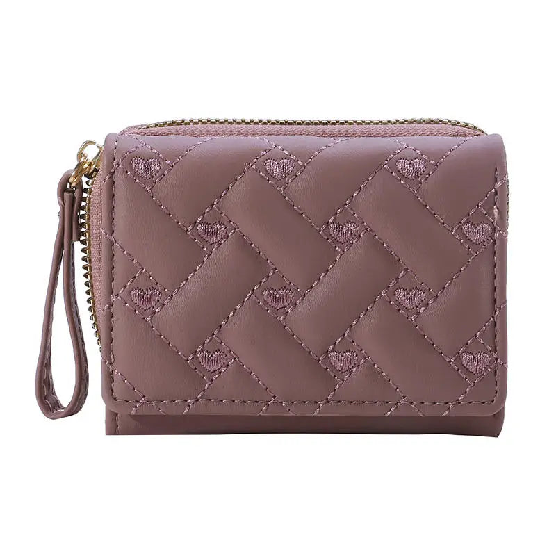 Casual PU Multi Objects Pocket Short Embroidered Love Pattern Wallet Tri Fold Card Bag Mssza
