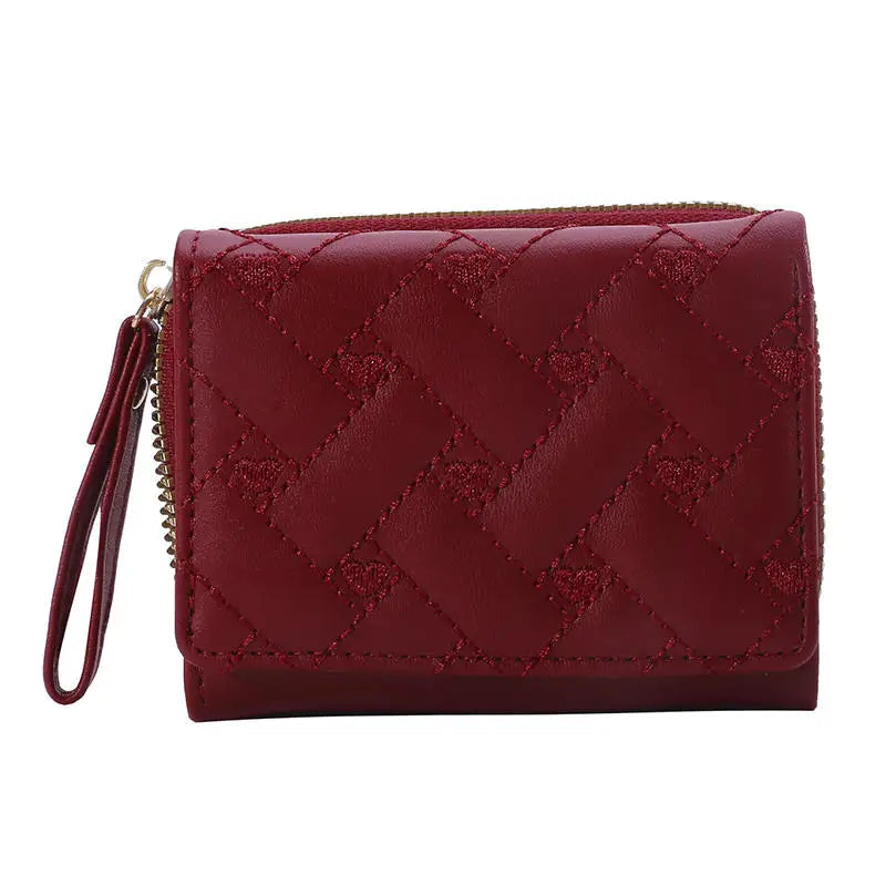 Casual PU Multi Objects Pocket Short Embroidered Love Pattern Wallet Tri Fold Card Bag Mssza
