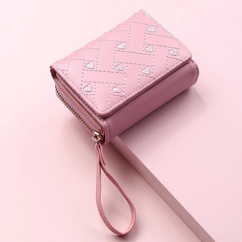 Casual PU Multi Objects Pocket Short Embroidered Love Pattern Wallet Tri Fold Card Bag Mssza