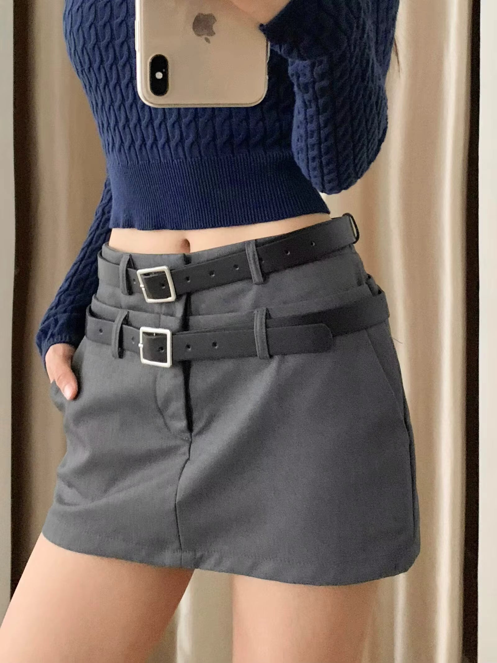Casual Package Hips Retro Double Belt High Waist Pencil Skirt Mssza