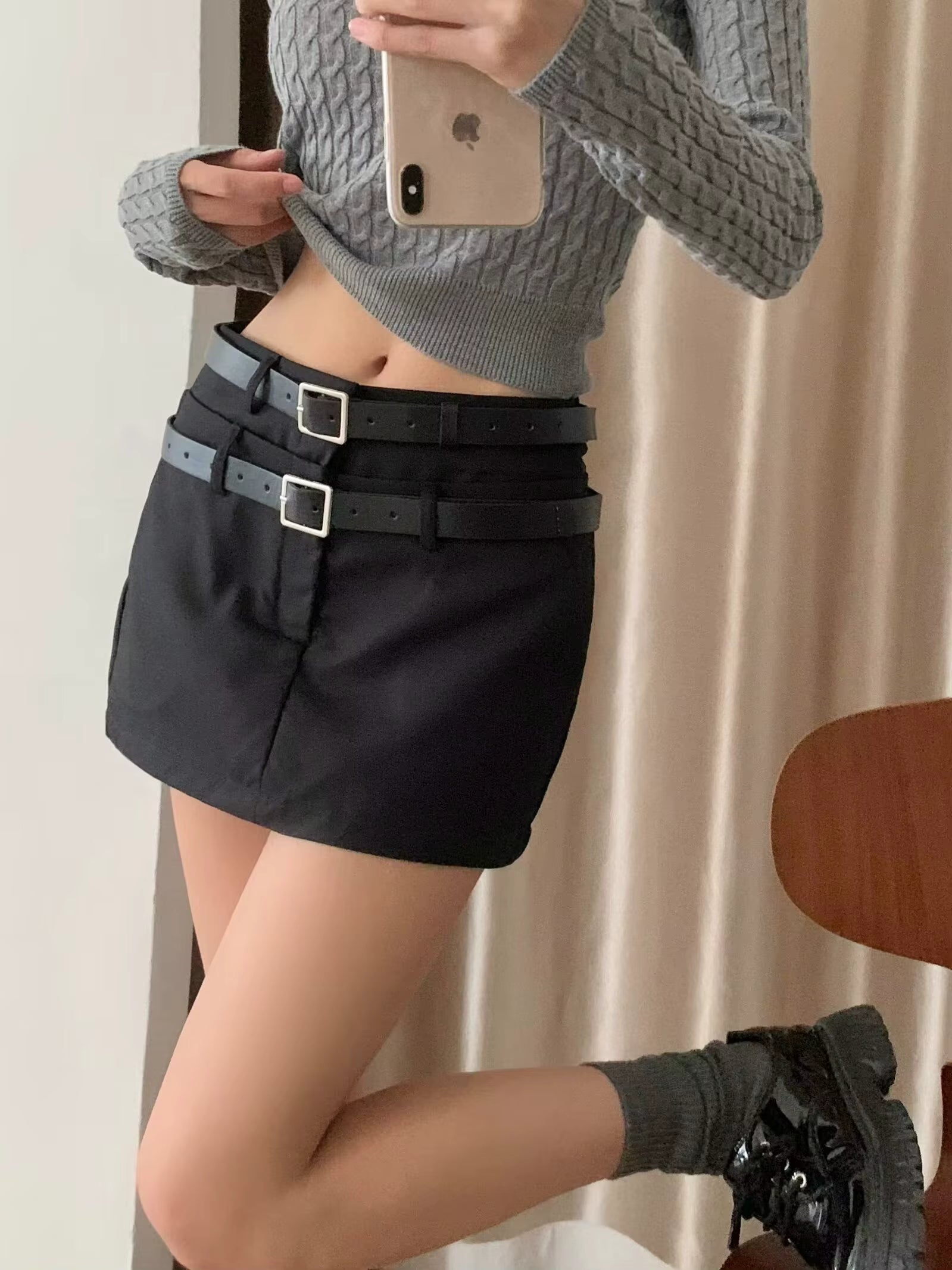 Casual Package Hips Retro Double Belt High Waist Pencil Skirt Mssza