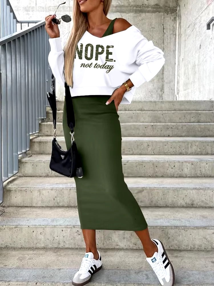 Casual Patch Long Sleeve Top And Skirt Two Pieces Set Mssza