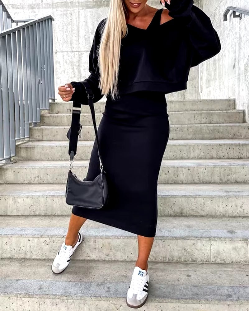Casual Patch Batwing Sleeve Top And Skirt Two Pieces Set Mssza