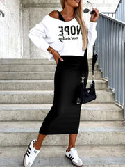 Casual Patch Long Sleeve Top And Skirt Two Pieces Set Mssza