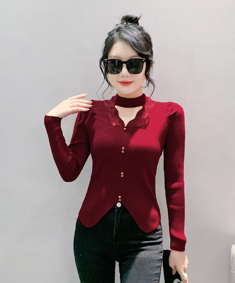 Casual Patched Lace Halter Sweater Full Sleeve Knit Slim Split Top Mssza