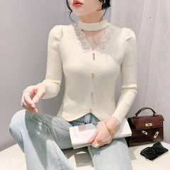 Casual Patched Lace Halter Sweater Full Sleeve Knit Slim Split Top Mssza