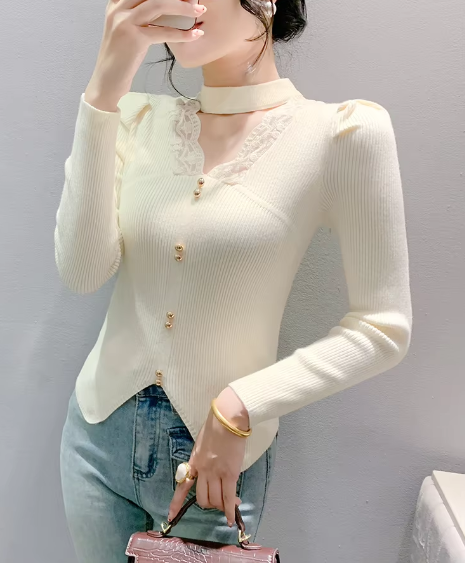 Casual Patched Lace Halter Sweater Full Sleeve Knit Slim Split Top Mssza