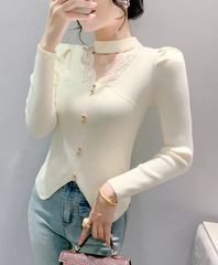 Casual Patched Lace Halter Sweater Full Sleeve Knit Slim Split Top Mssza