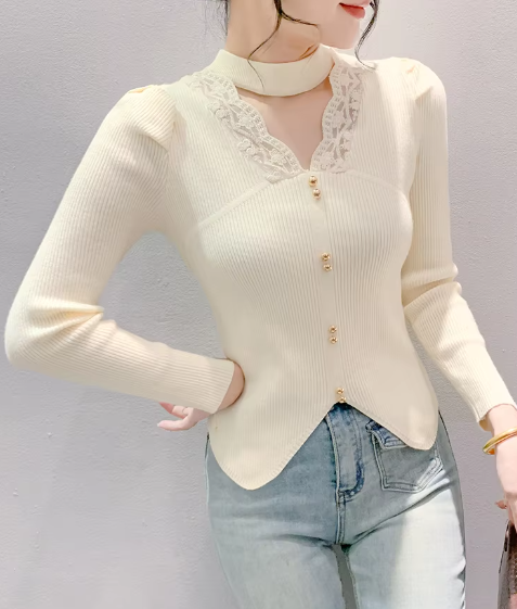 Casual Patched Lace Halter Sweater Full Sleeve Knit Slim Split Top Mssza