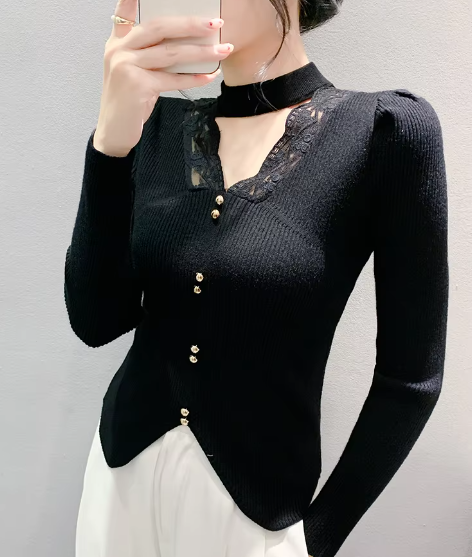 Casual Patched Lace Halter Sweater Full Sleeve Knit Slim Split Top Mssza