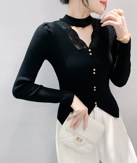 Casual Patched Lace Halter Sweater Full Sleeve Knit Slim Split Top Mssza