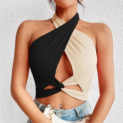 Casual Patchwork Cross Halter Neck Straps Hollow Crop Tops Mssza