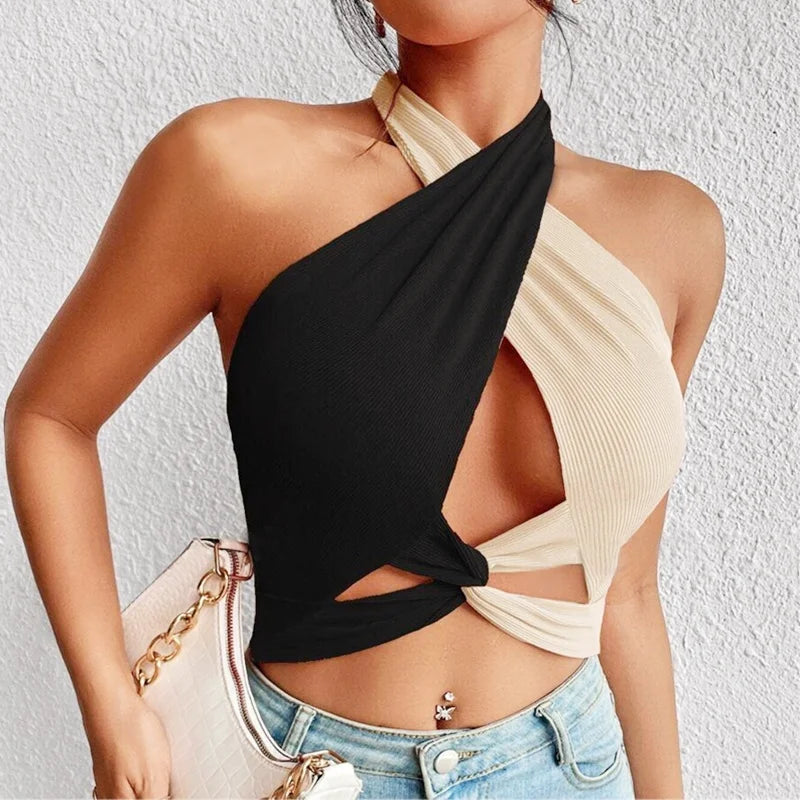 Casual Patchwork Cross Halter Neck Straps Hollow Crop Tops Mssza