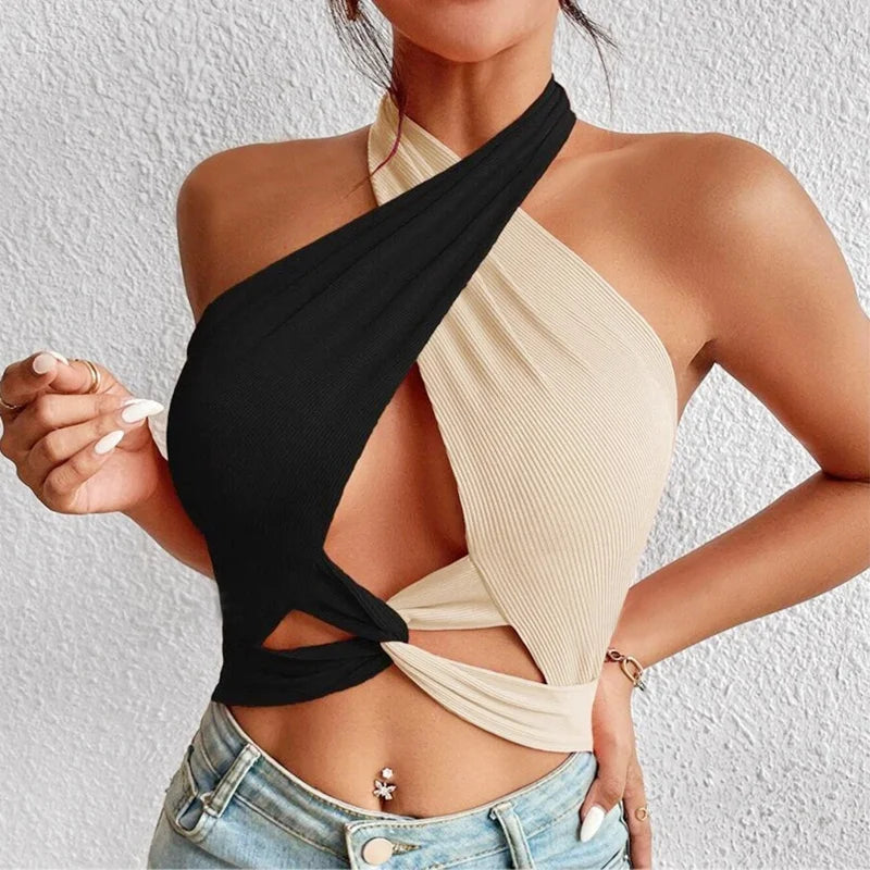 Casual Patchwork Cross Halter Neck Straps Hollow Crop Tops Mssza
