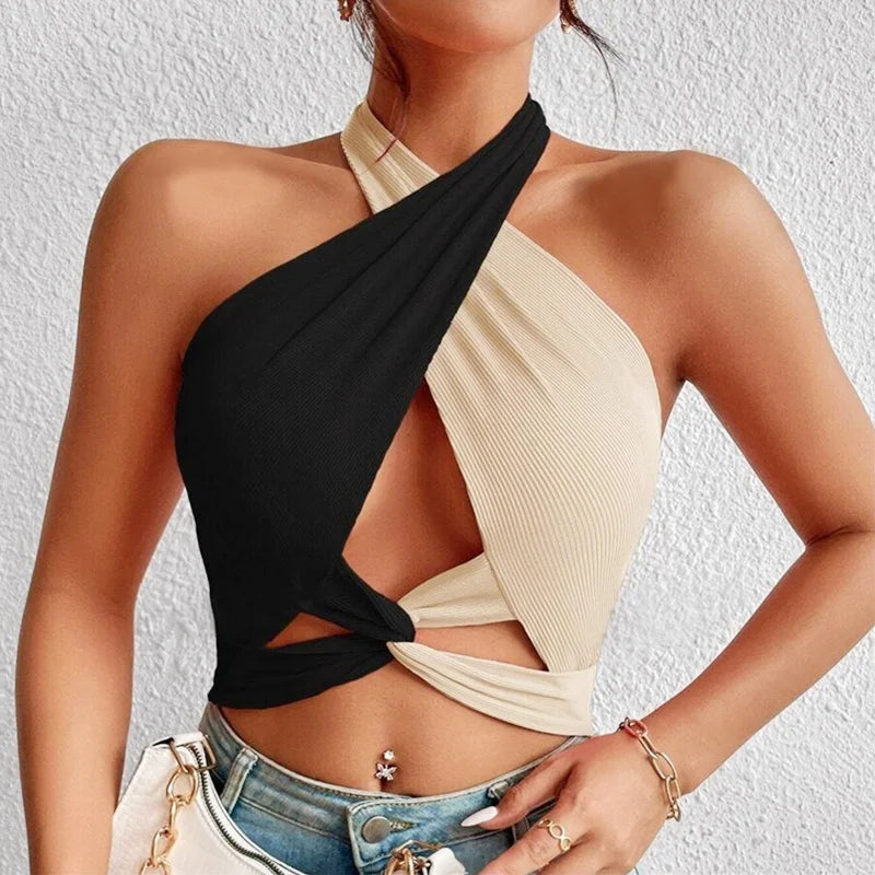 Casual Patchwork Cross Halter Neck Straps Hollow Crop Tops Mssza