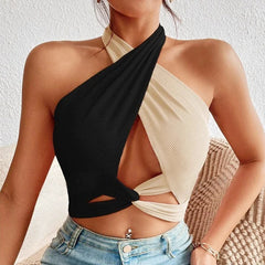 Casual Patchwork Cross Halter Neck Straps Hollow Crop Tops Mssza