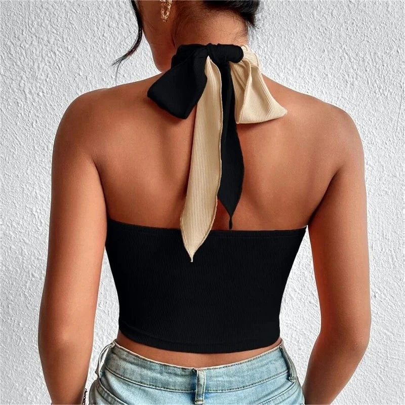 Casual Patchwork Cross Halter Neck Straps Hollow Crop Tops Mssza