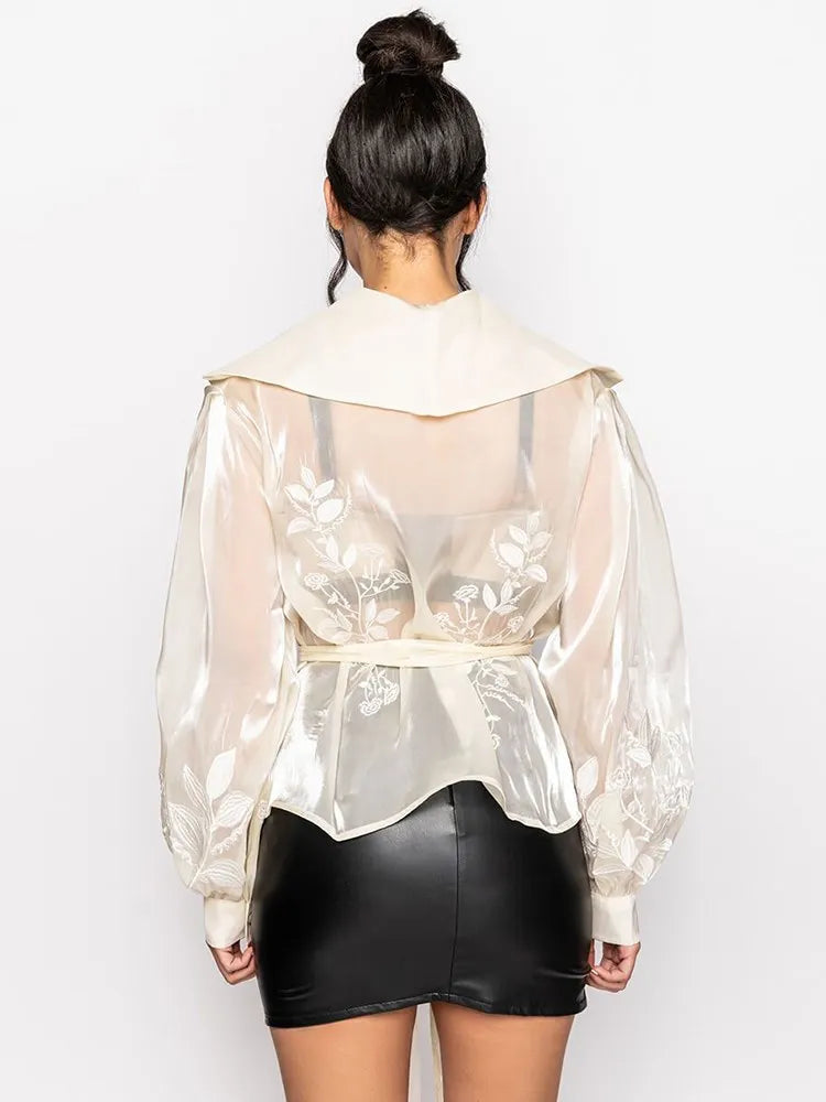 Casual Patchwork Lace Up V Neck Long Sleeve Spliced Mesh Embroidery Blouses Mssza