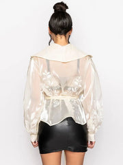 Casual Patchwork Lace Up V Neck Long Sleeve Spliced Mesh Embroidery Blouses Mssza