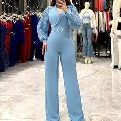 Casual Patchwork Long Sleeved Solid Color Lapel High Waist Straight Office Lady Jumpsuits Mssza