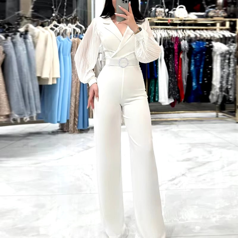 Casual Patchwork Long Sleeved Solid Color Lapel High Waist Straight Office Lady Jumpsuits Mssza