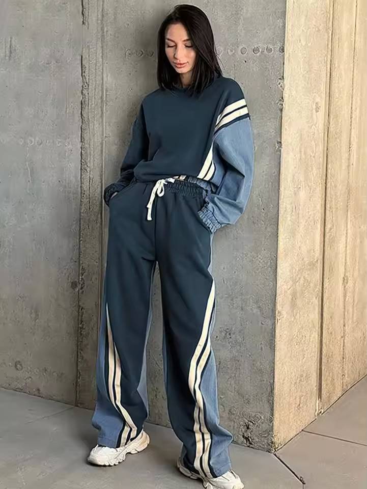 Casual Patchwork O-Neck Long Sleeve Blouse And Pant 2 Piece Sets Mssza