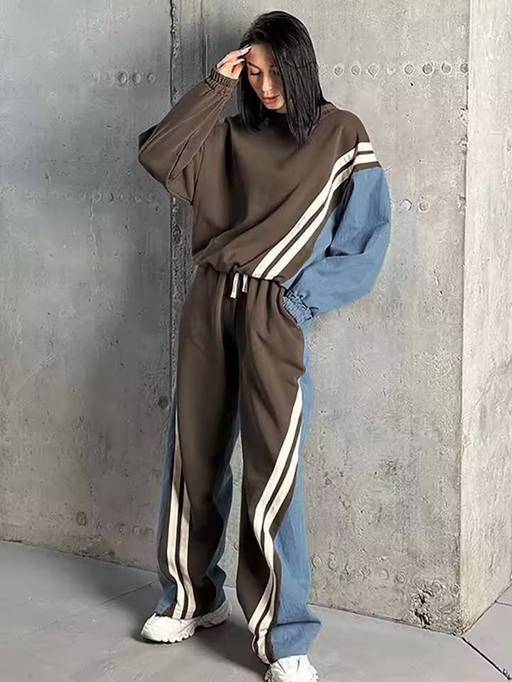 Casual Patchwork O-Neck Long Sleeve Blouse And Pant 2 Piece Sets Mssza
