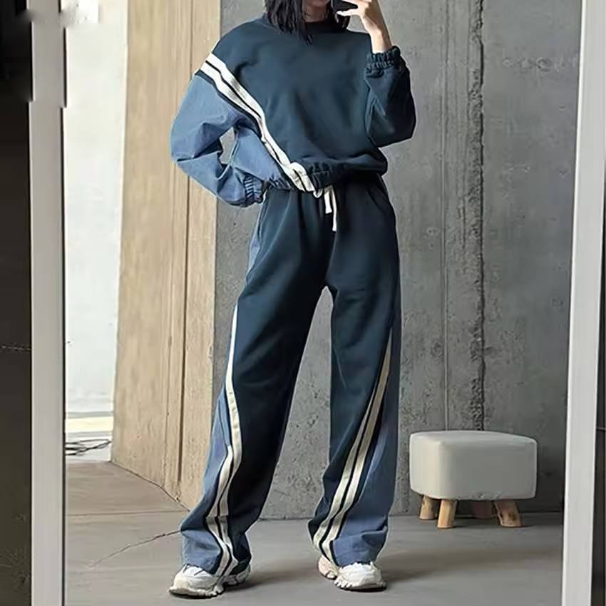 Casual Patchwork O-Neck Long Sleeve Blouse And Pant 2 Piece Sets Mssza