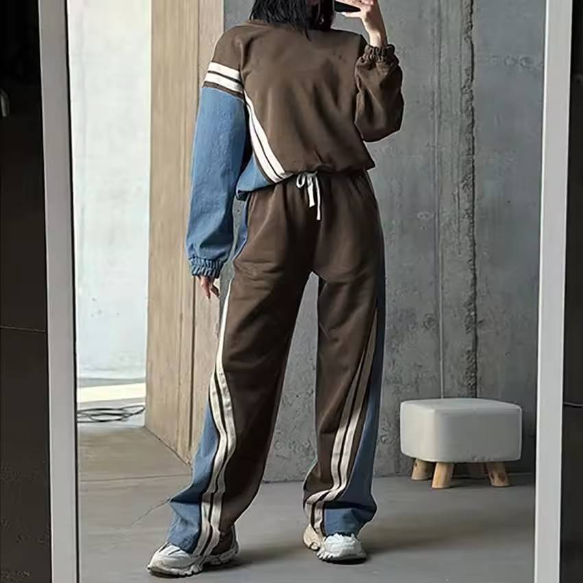 Casual Patchwork O-Neck Long Sleeve Blouse And Pant 2 Piece Sets Mssza