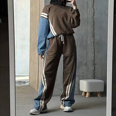 Casual Patchwork O-Neck Long Sleeve Blouse And Pant 2 Piece Sets Mssza