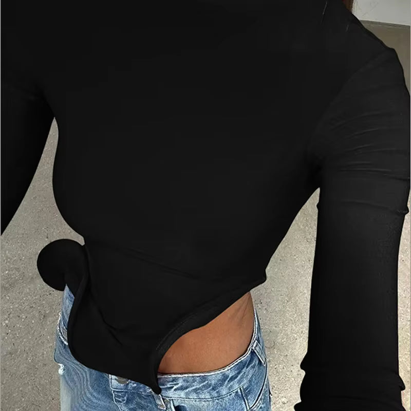 Casual Patchwork Solid Asymmetry Slim Long Sleeve Ruffle Top Mssza