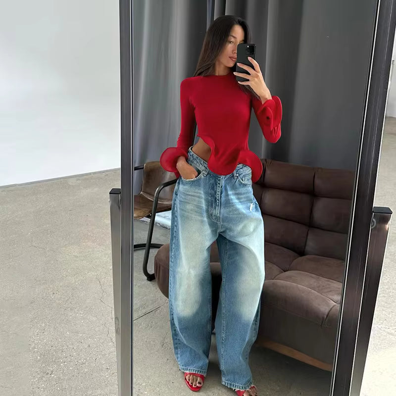 Casual Patchwork Solid Asymmetry Slim Long Sleeve Ruffle Top Mssza