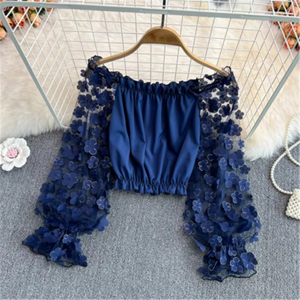 Casual Patchwork Square Collar Lantern Chiffon Tops Mssza
