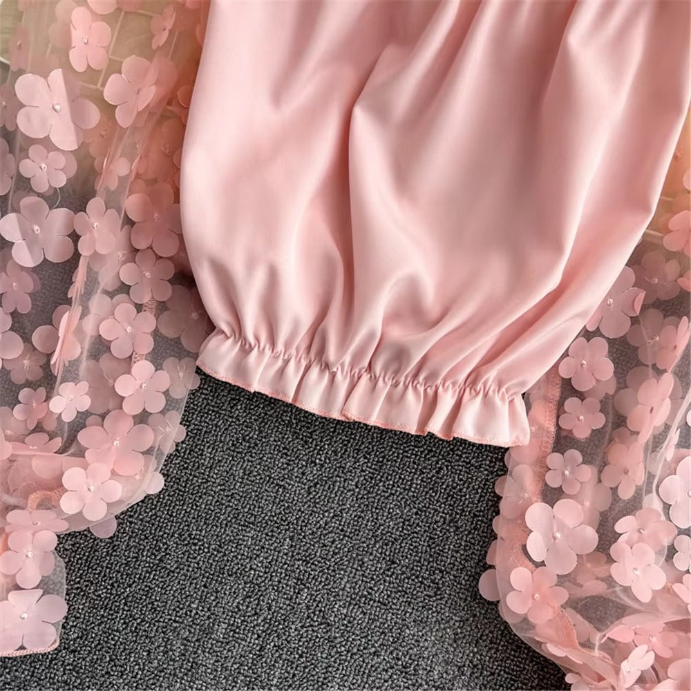 Casual Patchwork Square Collar Lantern Chiffon Tops Mssza