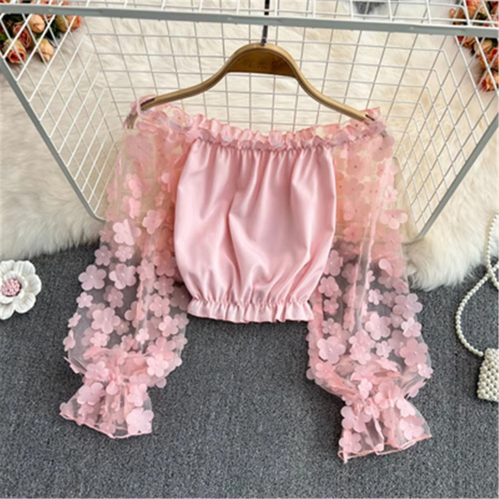 Casual Patchwork Square Collar Lantern Chiffon Tops Mssza