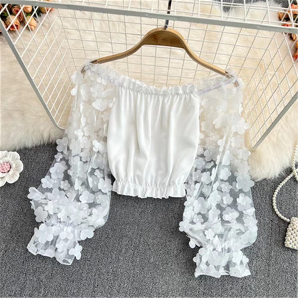 Casual Patchwork Square Collar Lantern Chiffon Tops Mssza