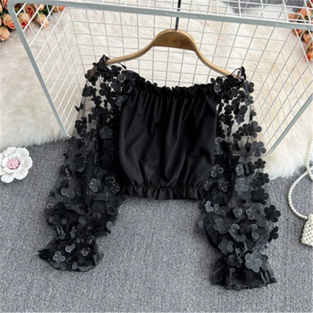 Casual Patchwork Square Collar Lantern Chiffon Tops Mssza