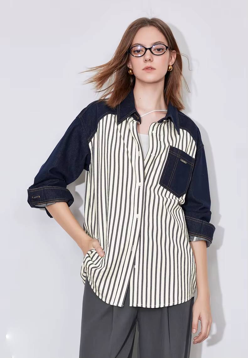 Casual Patchwork Striped Turn Down Collar With Pockets Shirt Mssza