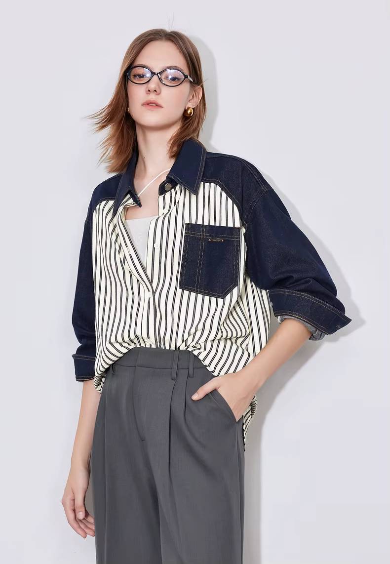 Casual Patchwork Striped Turn Down Collar With Pockets Shirt Mssza