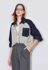 Casual Patchwork Striped Turn Down Collar With Pockets Shirt Mssza