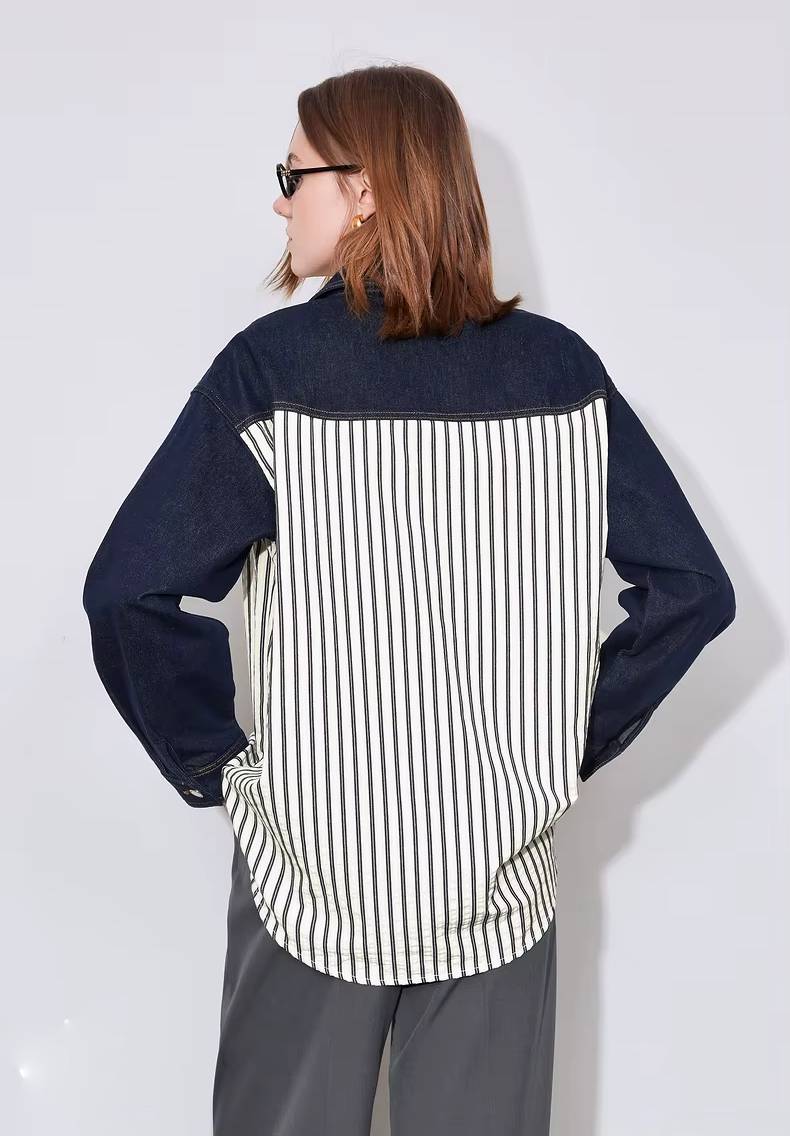 Casual Patchwork Striped Turn Down Collar With Pockets Shirt Mssza