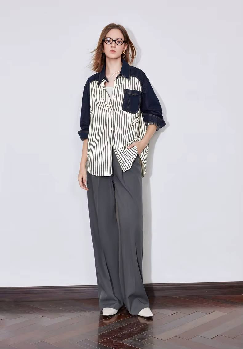 Casual Patchwork Striped Turn Down Collar With Pockets Shirt Mssza