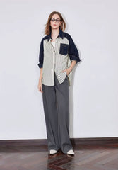 Casual Patchwork Striped Turn Down Collar With Pockets Shirt Mssza