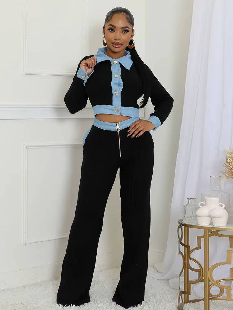 Casual Patchwork Vest Crop Top and Straight Pants Two 2 Piece Sets Mssza