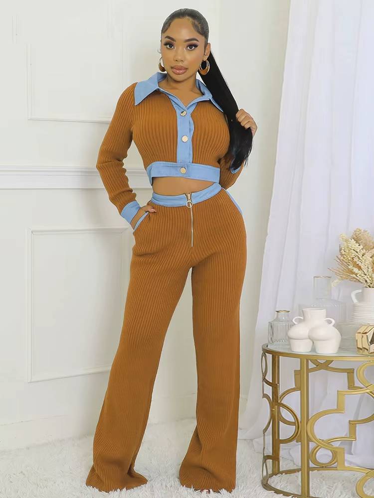 Casual Patchwork Vest Crop Top and Straight Pants Two 2 Piece Sets Mssza